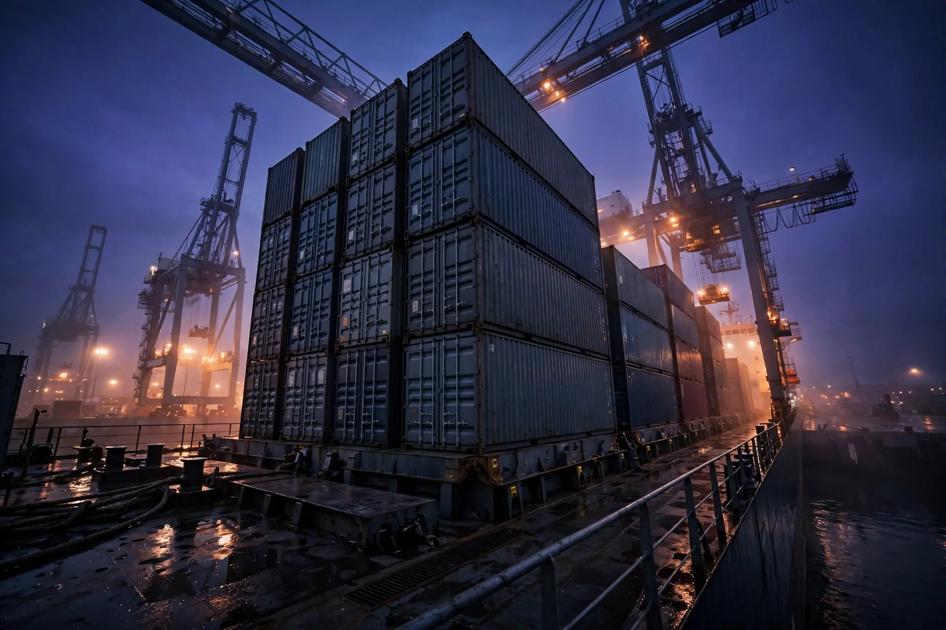 Stacked containers and cranes at the terminal