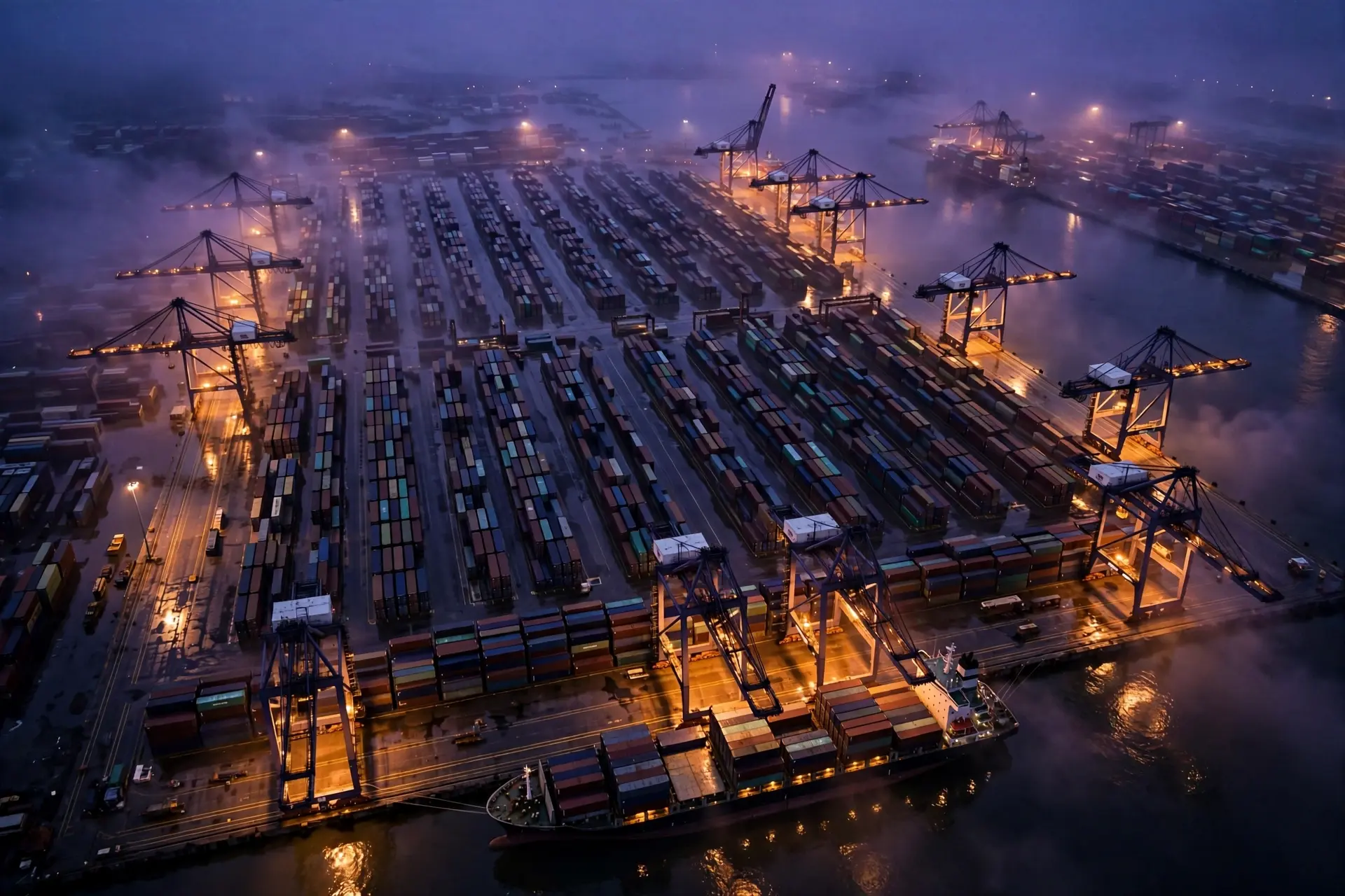 Aerial view of the container terminal at night
